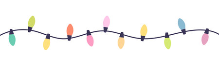Christmas lights string. Colorful pastel light bulbs isolated on white background. Vector illustration.のイラスト素材