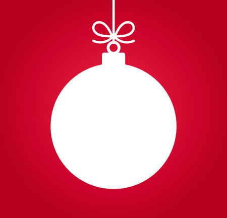 White Christmas ball hanging ornament on red background. Christmas card vector illustration.のイラスト素材