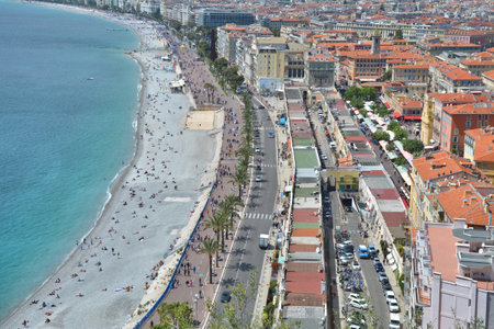 Nice, French Riviera Cote d'Azur in Provence, France. La Promenade des Anglaise in Nice. Landscape view of coastline.のeditorial素材