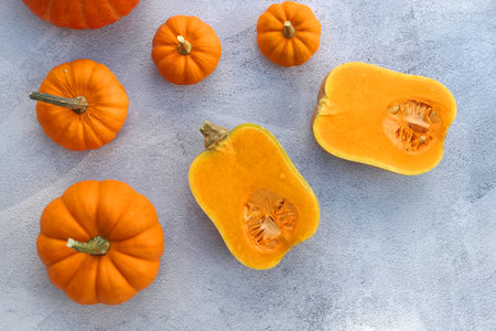 Butternut squash and pumpkins autumn food background.の写真素材