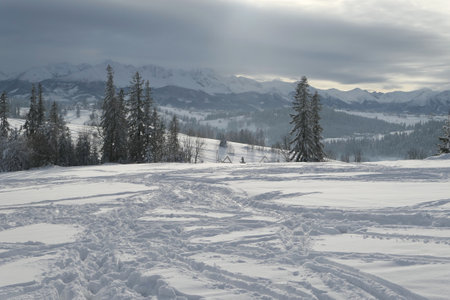 Winter wonderland in polish mountains. Bialka Tatrzanska with Tatra mountains view. Snow background.の写真素材