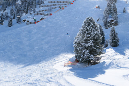 Harakiri ski slope in Zillertal Valley in Tyrol mountains, Austrian Alps. Ski resort in Austria, Mayrhofen. Harakiri is the steepest ski slope in Austria.の写真素材