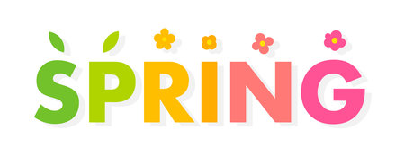 Spring is here. Colorful word banner with flowers and leaves vector illustration.のイラスト素材