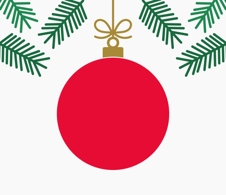 Christmas red ball hanging ornament and fir branches isolated on white background. Christmas card vector illustration.のイラスト素材