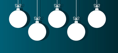 Christmas baubles hanging white ornaments on dark blue background. Vector illustration.のイラスト素材