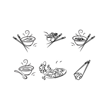Outlined icons with Japanese cuisine and food.のイラスト素材