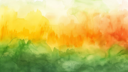 Abstract Watercolor Landscape with Green, Yellow, and Orange Hues, Generative AIの写真素材