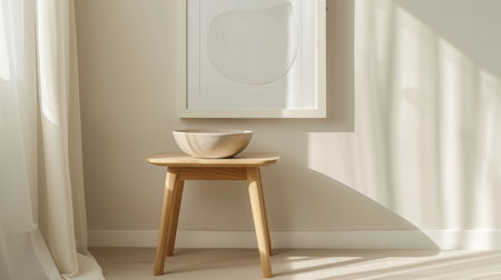 Minimalist Wooden Table with Decorative Bowl in Sunlit Room Generative AIの写真素材