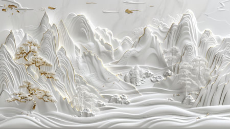 Stunning 3D White Landscape Art with Gold Accents, Generative AI