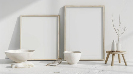 Minimalist Scandinavian Decor with Empty Frames and Ceramic Bowls Generative AIの写真素材