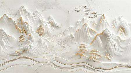 Elegant 3D Mountain Landscape with Golden Details, Generative AIの写真素材