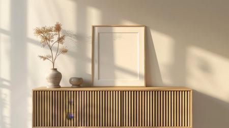 Minimalist Decor with Wooden Cabinet and Dried Flowers, Generative AIの写真素材