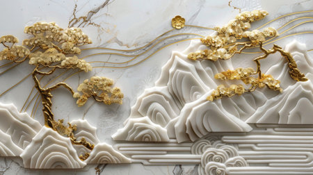 Golden Tree Art on Marble - Generative AIの写真素材