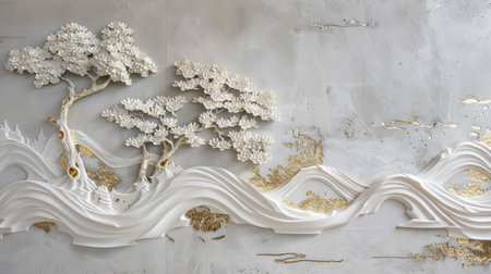 Elegant Wall Art with Trees and Waves, Generative AIの写真素材