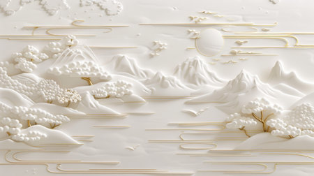 Serene 3D Landscape with Mountains and Trees in White and Gold, Generative AIの写真素材