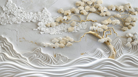 Elegant 3D Wall Art with Tree and Waves, Generative AIの写真素材