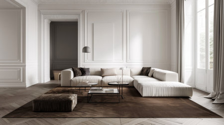 Elegant Minimalist Living Room with White Walls and Modern Furniture, Generative AIの写真素材