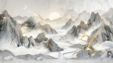 Abstract Mountain Landscape with Golden Highlights, Generative AIの写真素材