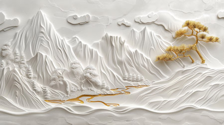 Elegant White Mountains Landscape with Golden River, Generative AIの写真素材