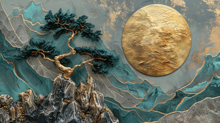 Golden Sun and Bonsai Tree Landscape, Generative AIの写真素材