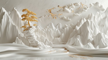 Serene White Mountains with Golden Tree, Generative AIの写真素材