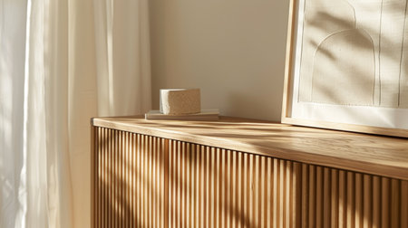 Minimalist Wooden Cabinet in Sunlit Room, Generative AIの写真素材