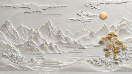 Elegant White and Gold Landscape Art with Mountains and Tree, Generative AIの写真素材