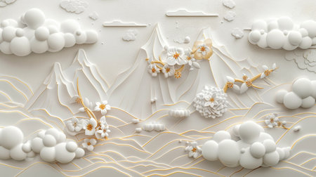 Abstract Mountain and Flower Landscape with Clouds, Generative AIの写真素材