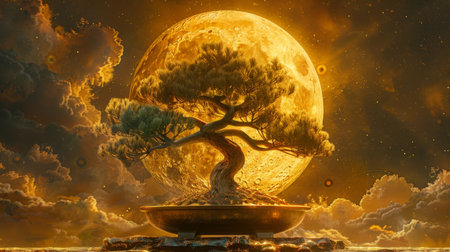 Bonsai Tree Under the Moon Generative AIの写真素材
