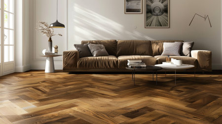 Modern Living Room with Wooden Parquet Flooring, Generative AIの写真素材