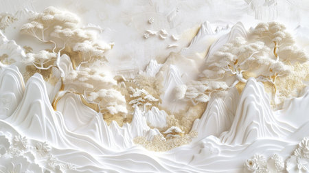 Serene Paper Art Landscape with Trees and Mountains, Generative AIの写真素材