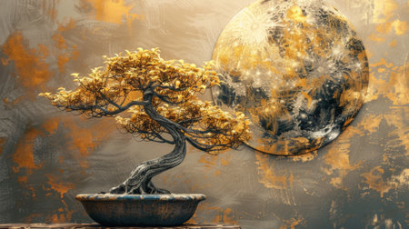 Golden Bonsai Tree with Moon Background, Generative AIの写真素材