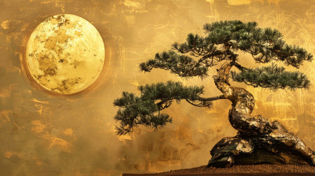 Golden Moon and Bonsai Tree, Generative AIの写真素材