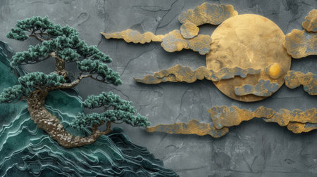 Elegant Tree and Golden Sun Art Generative AIの写真素材