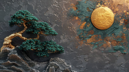 Elegant Bonsai Tree and Golden Sun Art, Generative AI