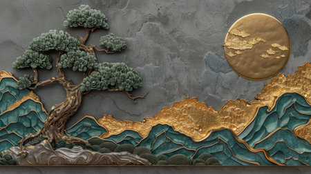Elegant Asian Art Landscape with Tree and Golden Sun, Generative AI