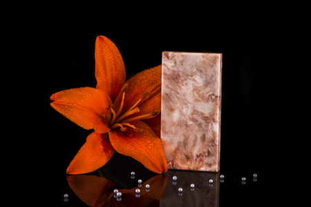 Beautifull red stone sample of kitchen countertops with elagant flowerの写真素材