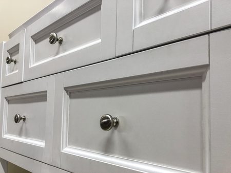 white modern white kitchen or bathroom cabinets newly installedの写真素材