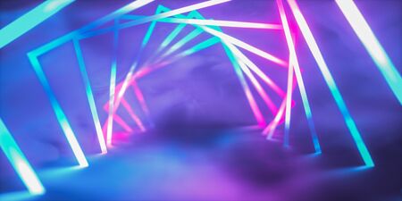 Futuristic Sci-Fi Abstract Blue And Purple Neon Light Shapes On Black Background And Reflective...