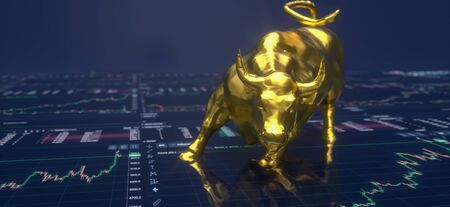 Wallstreet bull and bear on stock chart background. Stock exchange conceptの写真素材