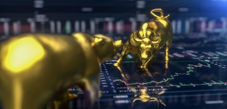 Wallstreet bull and bear on stock chart background. Stock exchange conceptの写真素材