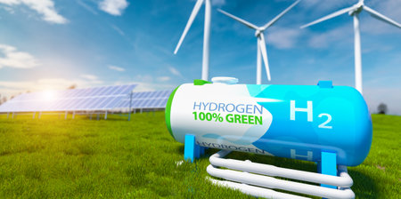 Green Hydrogen renewable energy production pipeline - green hydrogen gas for clean electricity solar and wind turbine facility.の写真素材