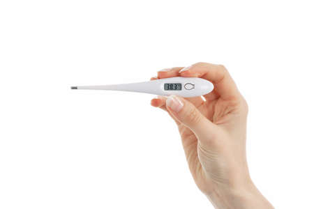 A close up picture of woman showing a thermometer with 38.3 degree.