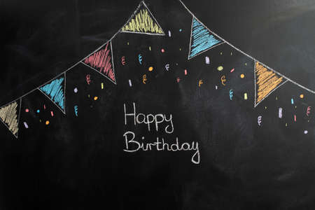 Image of birthday hanger drawn on chalk board. Chalk board background.の写真素材
