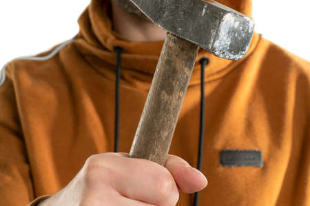 Close up image of man holding repairing tools
