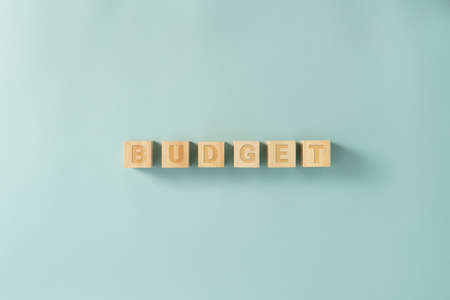 BUDGET word on wooden cubes on the blue background, sign made by blocksの写真素材