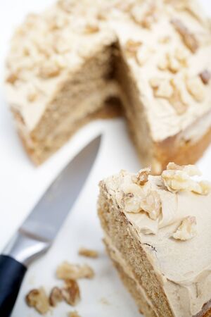 Sliced coffee cake ready for servingの写真素材