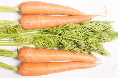 Selections of raw fresh organic carrots on a light wooden work surface