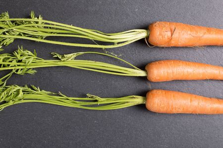 Fresh raw carrots on black slate with complete stemsの写真素材