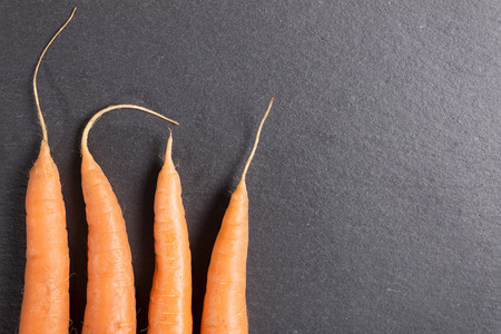 Fresh raw carrots on black slate with complete stemsの写真素材